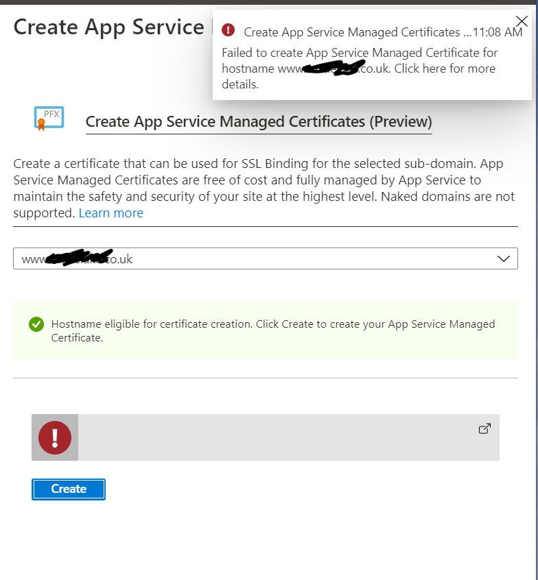 Failed certificate error in Azure