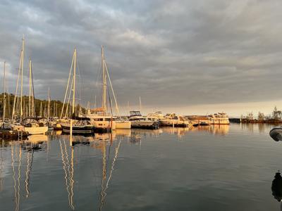 Sunrise over boats at Pikes Bay Marina