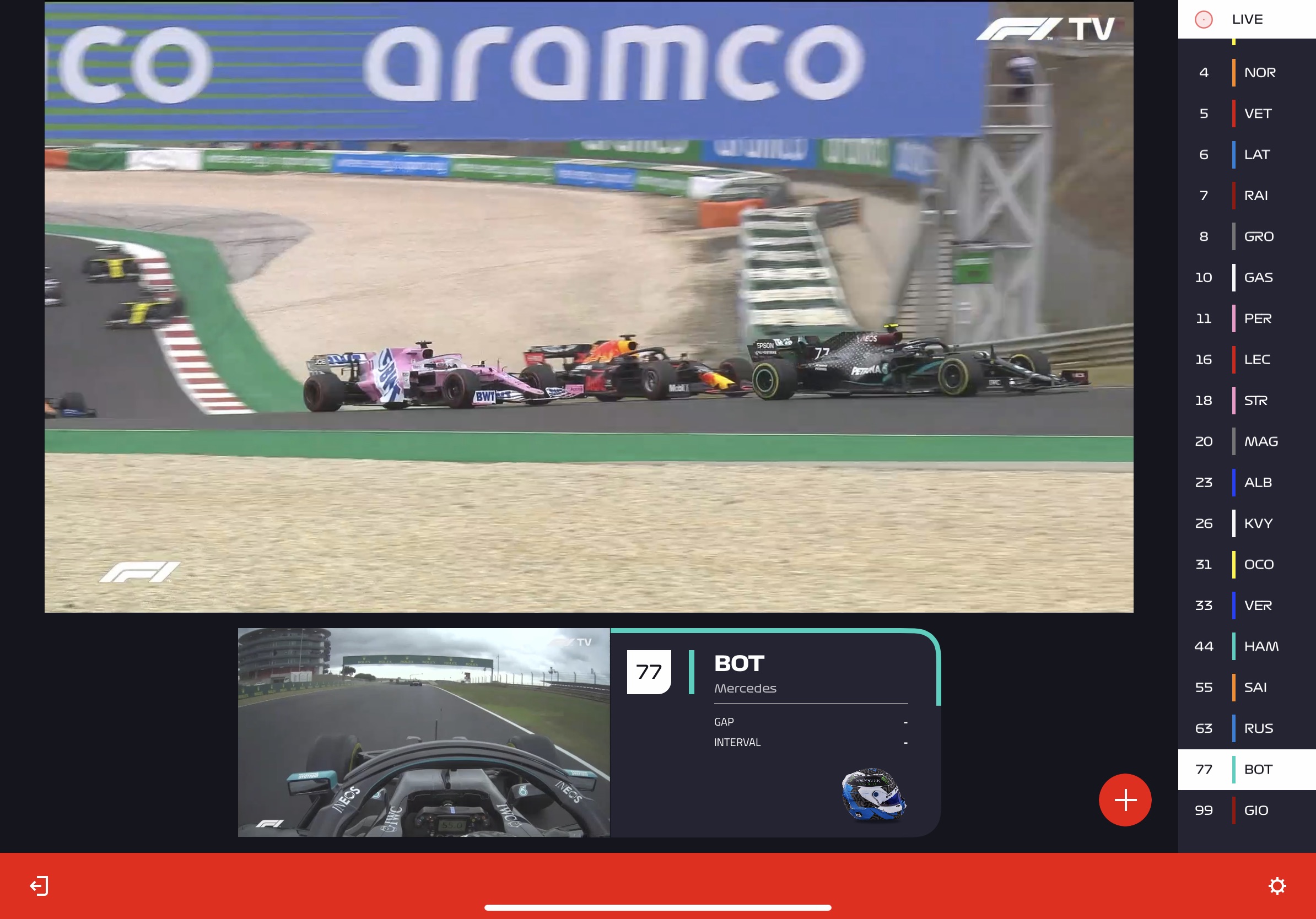 F1 TV Screengrab: Perez makes a move on Verstappen running in the tiretracks of Bottas